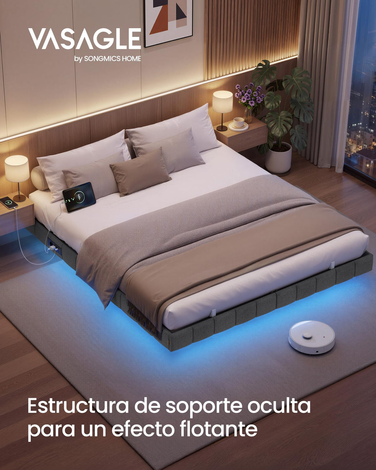 VASAGLE Marco de Cama Flotante, 140 x 200 cm, LED, 2 Tomas y 3 USB