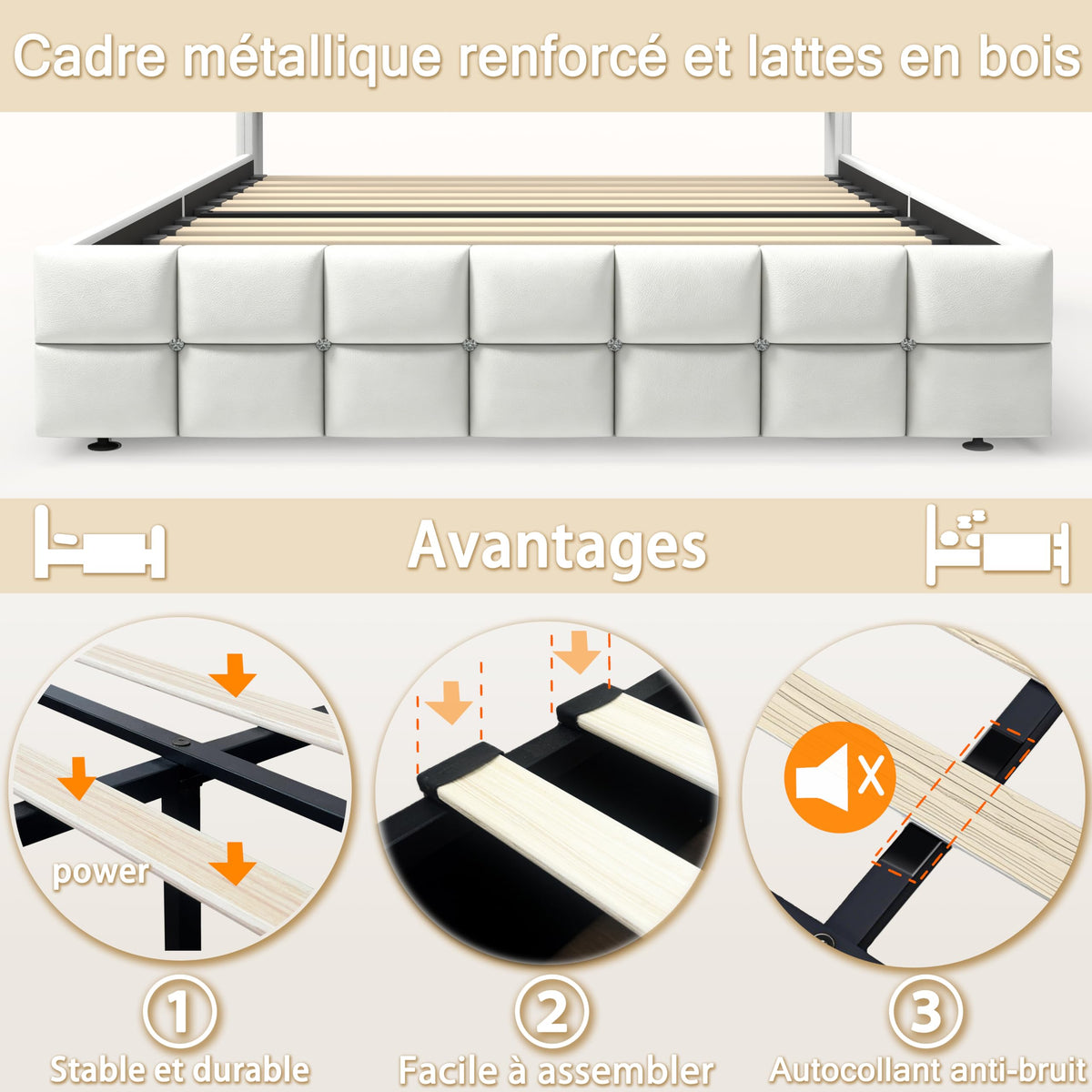Armazón de Cama de Cuero 140x200cm con luz LED, Blanco