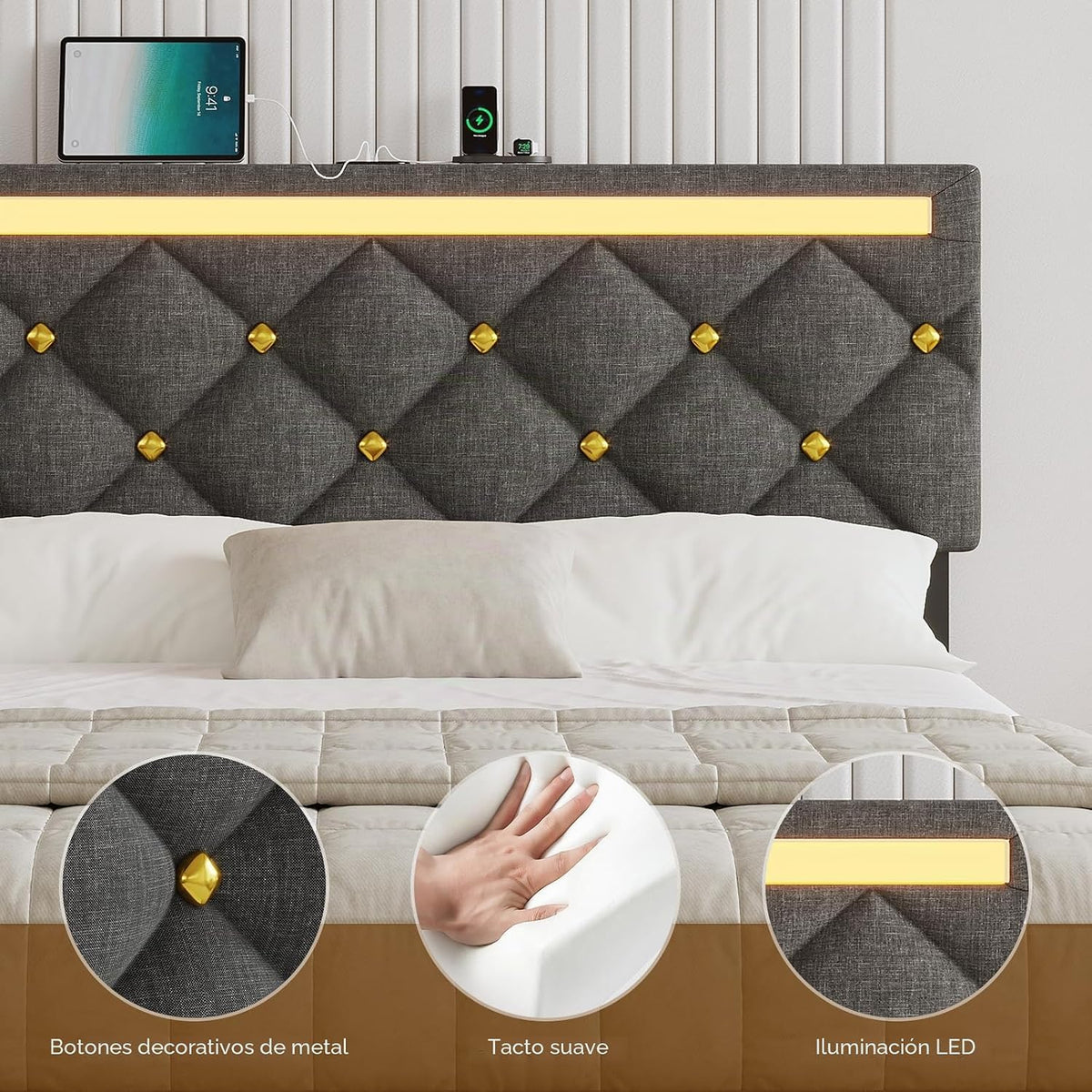 DICTAC Cama tapizada de 140 x 190 cm con carga USB e iluminación LED, cabecero con LED, cama doble con somier, cama juvenil, cama funcional, tela de lino, sin colchón