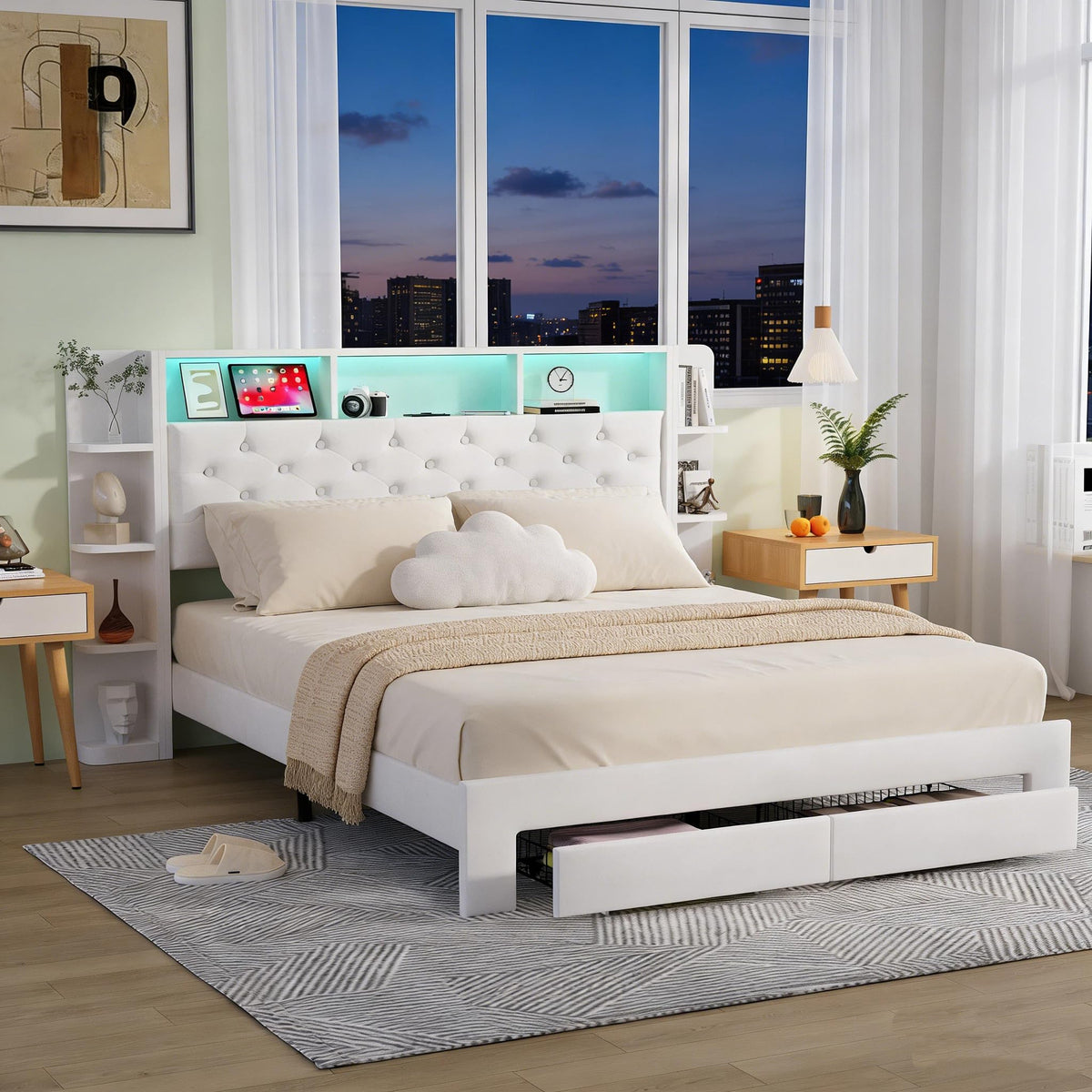 BRILVERDE Cama Tapizada 160x200 con Almacenamiento, Cama matrimonial con cajones, Cama Nido con LED, Cabecero Acolchado y Base de Láminas, Terciopelo (Beige, 160 x 200 cm)