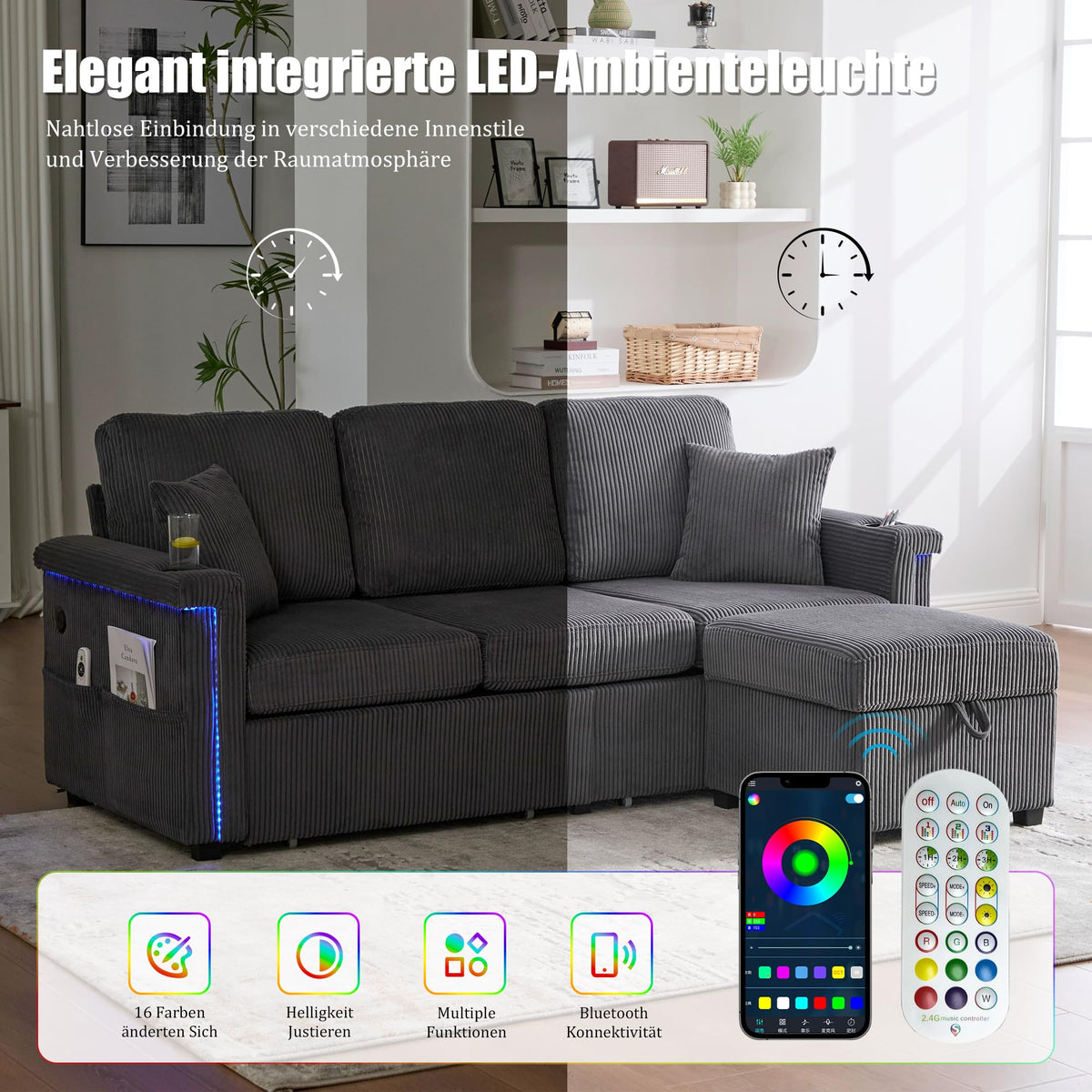 Lubvtti Sofá cama de 3 plazas moderno con función de cama, con espacio de almacenamiento, cargador USB, reposabrazos portaobjetos y 2 cojines, sofá de esquina en L, sofá de 3 plazas, chenilla (C-gris)