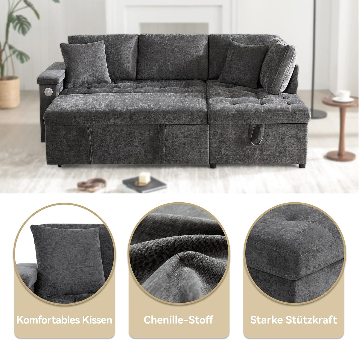 Lubvtti Sofá cama de 3 plazas moderno con función de cama, con espacio de almacenamiento, cargador USB, reposabrazos portaobjetos y 2 cojines, sofá de esquina en L, sofá de 3 plazas, chenilla (C-gris)