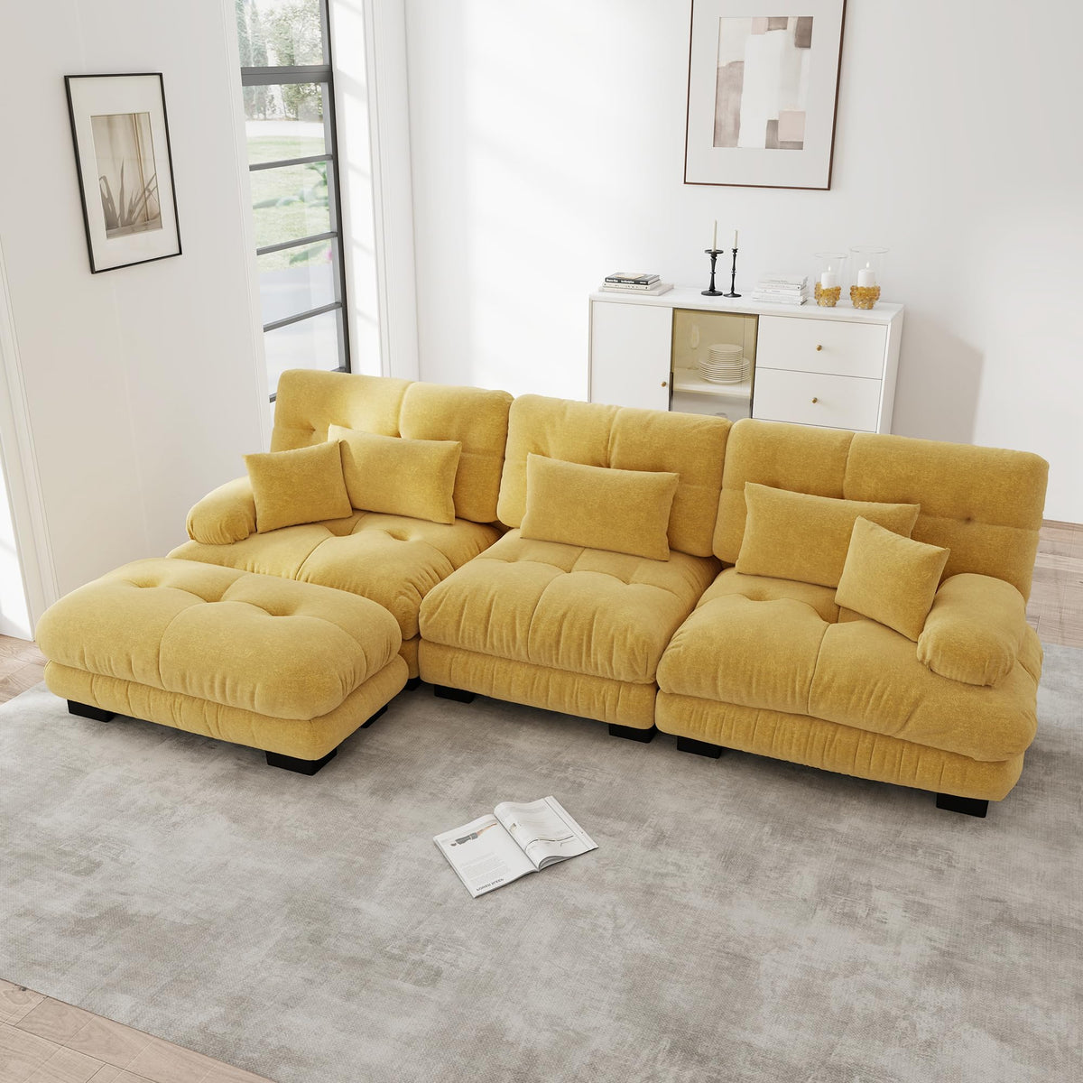Sofá seccional Cloud en forma de L de 4 plazas con otomana móvil, ciniglia paisaje residencial con asiento profundo y reposabrazos anchos, gran sofá de sala para apartamento