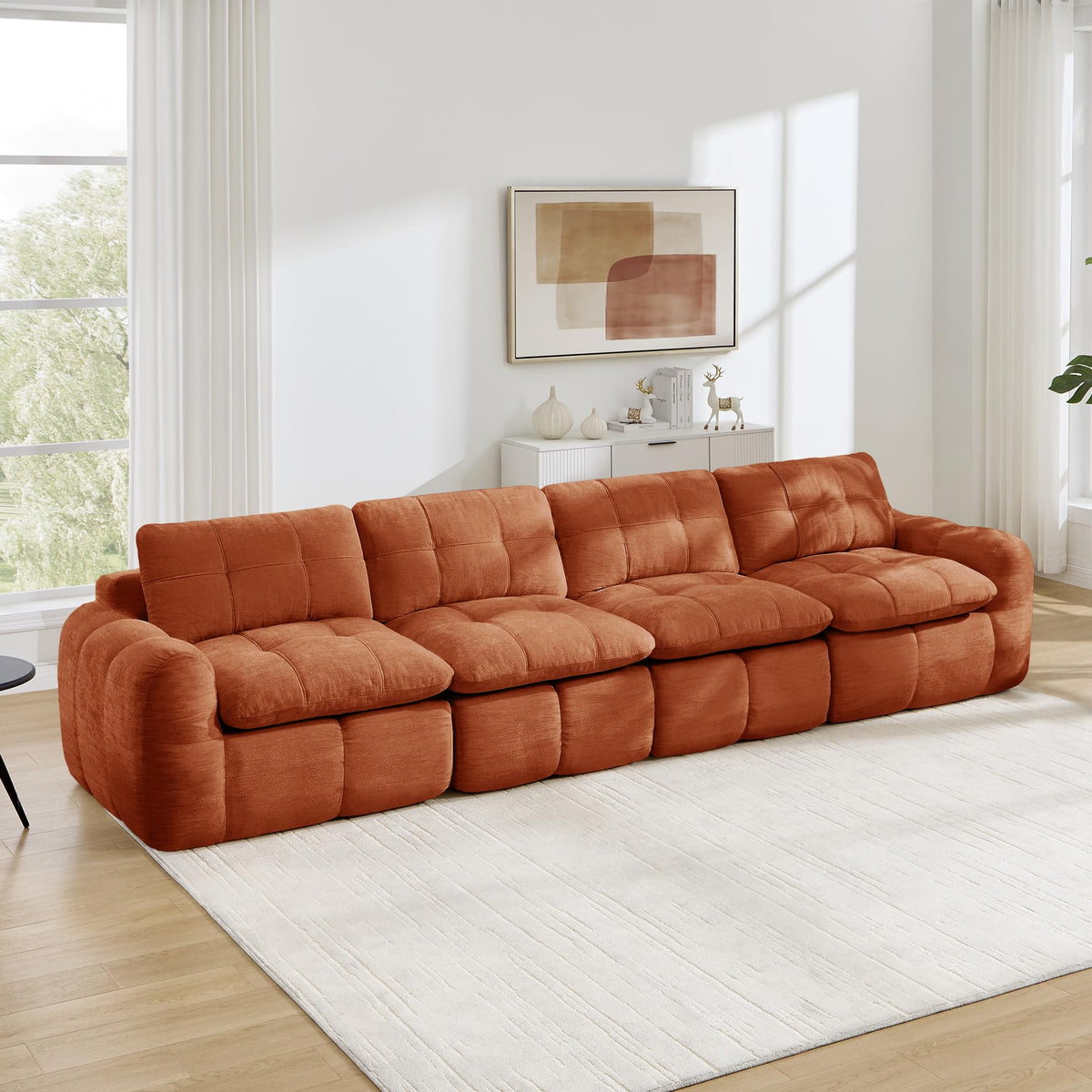 Sofá de 3 plazas con 1 taburete chenilla beige