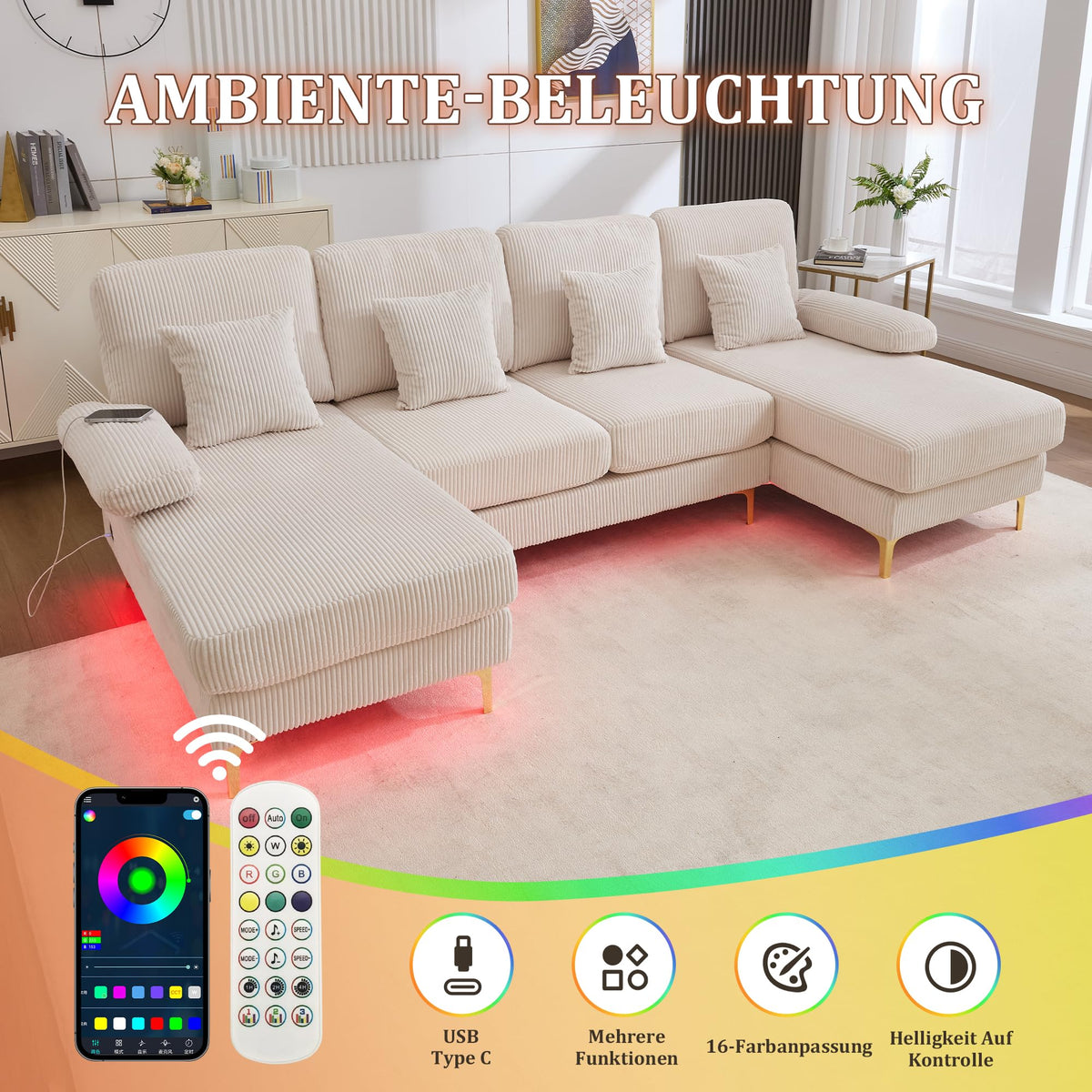 Lubvtti Sofá Moderno en U con iluminación Ambiental LED y Puerto USB+Type-C,sofá 4 plazas con 4 Cojines de Lujo y Respaldo ergonómico, sofá cheslong 4 plazas,Terciopelo,Negro