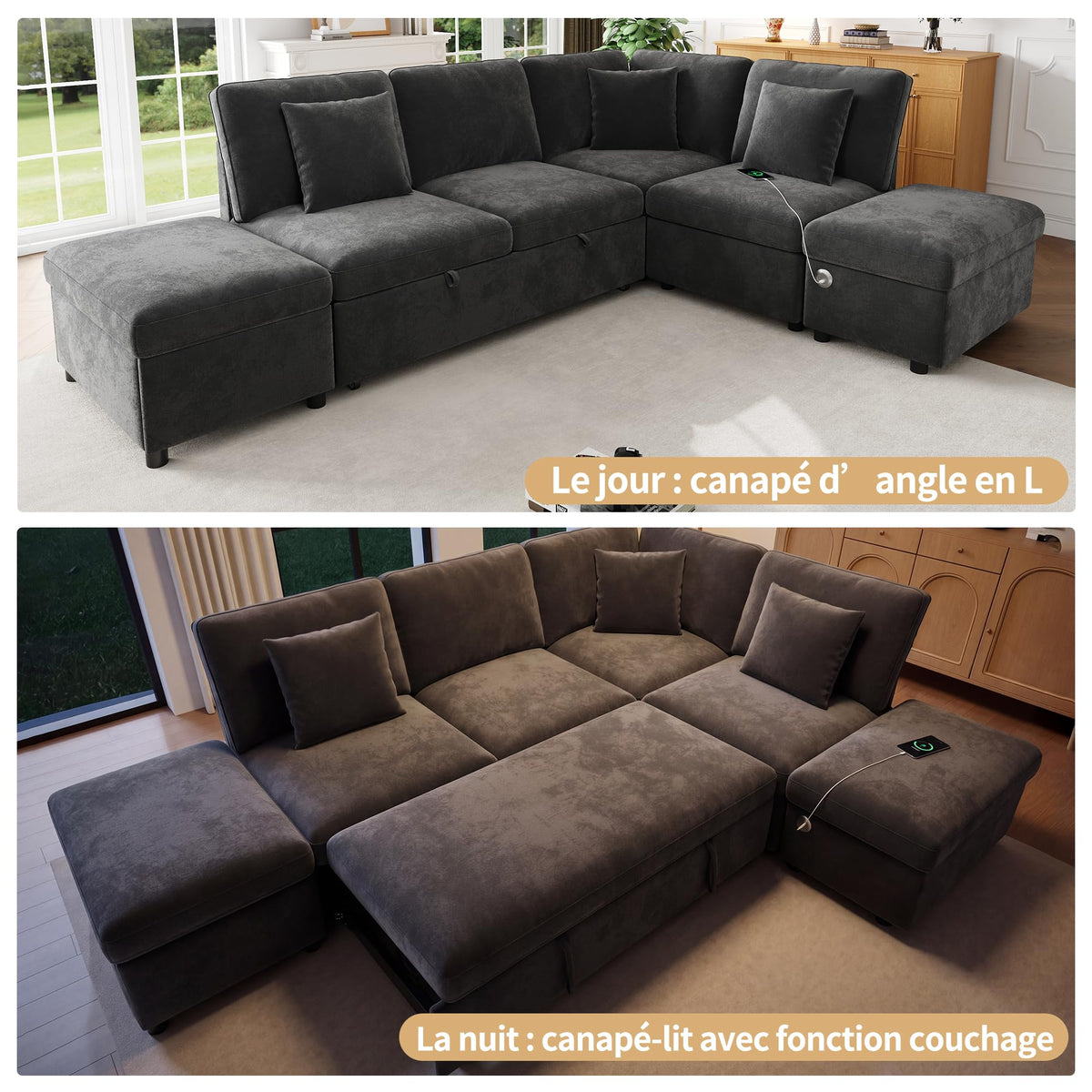 Sofá modular de 3 plazas con función cama extensible y USB/Type-C, sofá esquinero en forma de L con reposacabezas semifijos y compartimento de almacenamiento, sofás con chaise longue