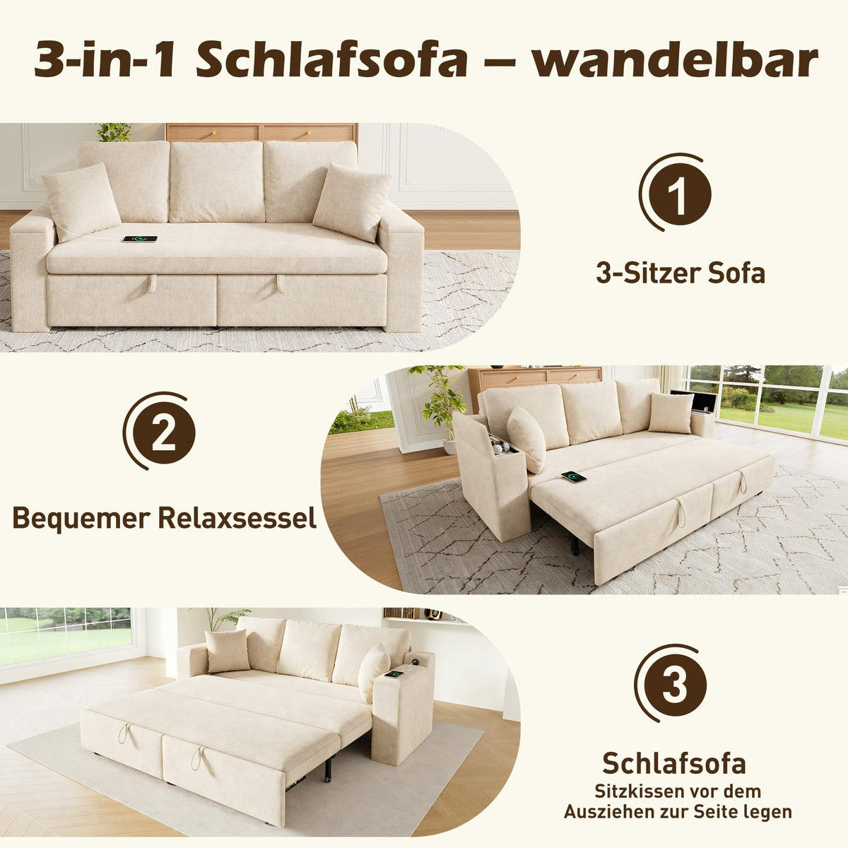 Sofá cama de 210 cm, multifuncional, 3 plazas, con función de dormir, sofá cama extensible, sofá con espacio de almacenamiento, reposabrazos y puerto de carga USB, para salón y dormitorio, color