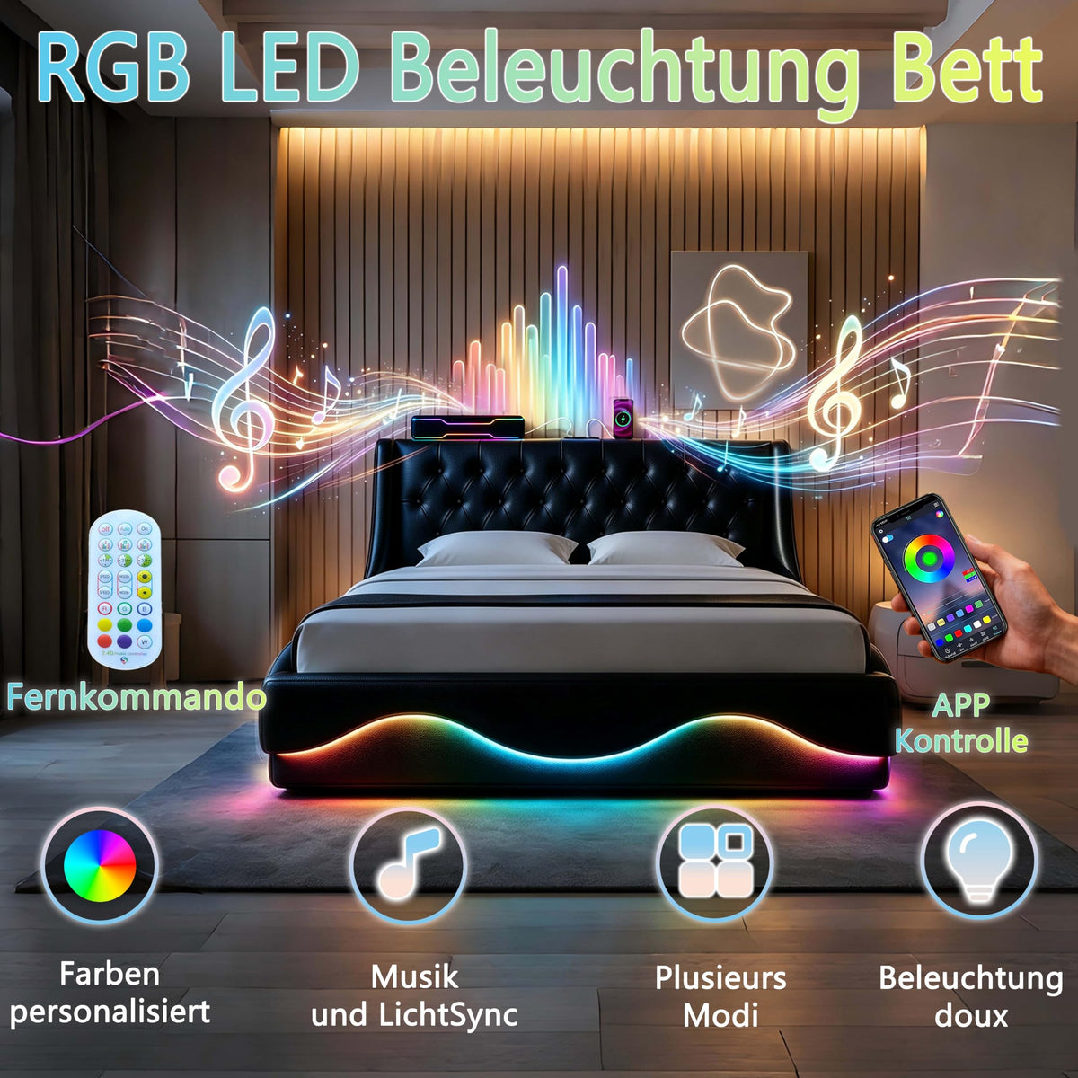 Armazón de Cama de Cuero 140x200cm con luz LED, Blanco