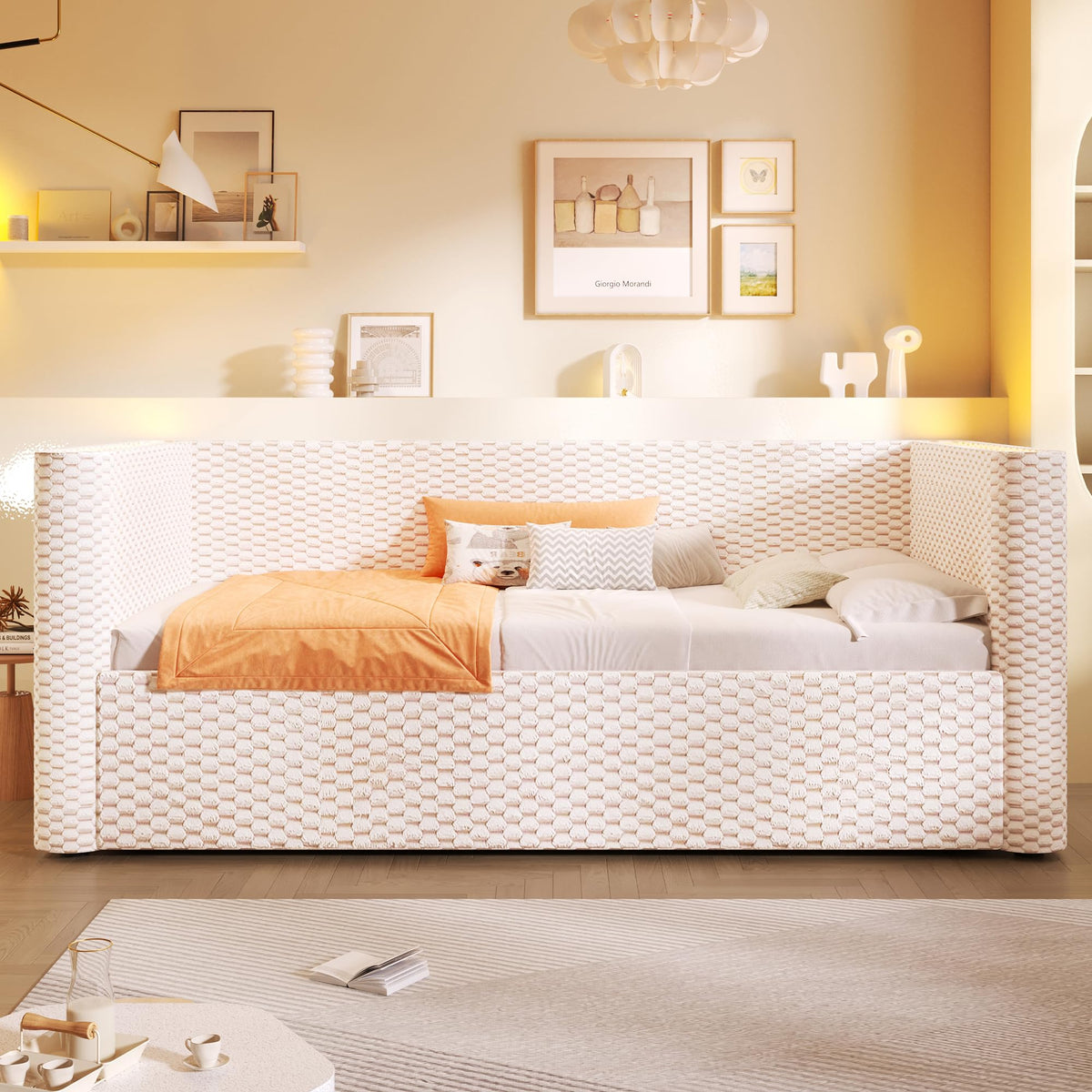 Moimhear Cama de día, diván cama, sofá cama, diseño de cama extensible multifuncional con tira de luz LED, somier de listones (sin colchón), terciopelo (beis, 90 x 200 cm+180 x 200 cm)