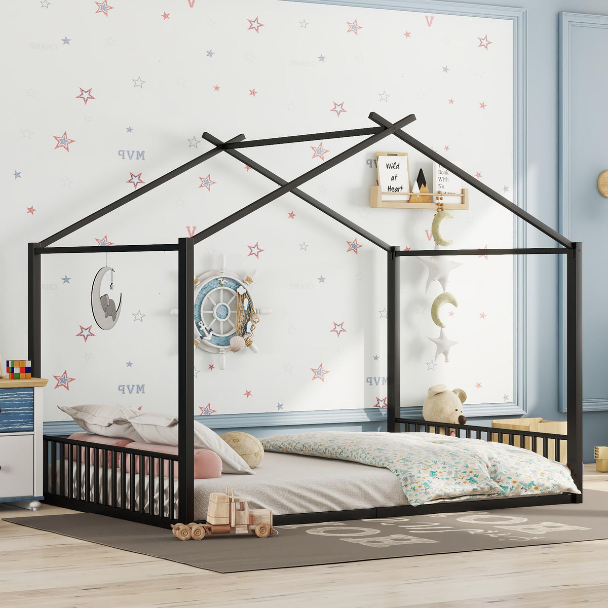 Cama infantil de 90 x 200 cm, dos camas de 90 cm con protección anticaídas, cama doble con modelado de casa, marco de hierro, color blanco, ideal para 2 niños