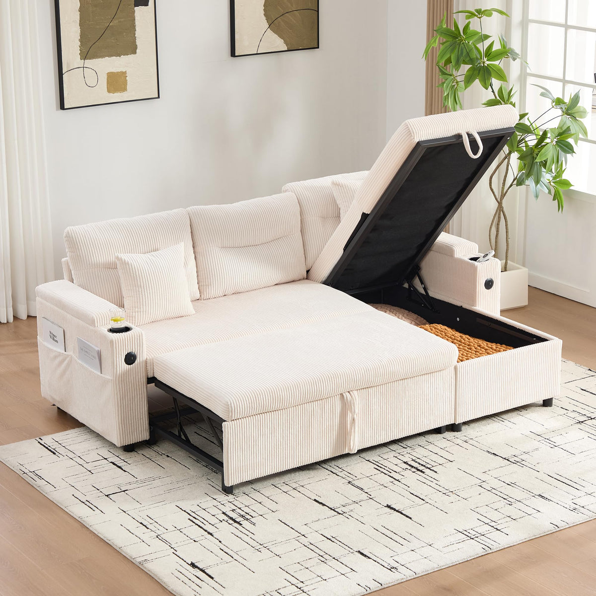 Dolamaní Sofá moderno de 4 plazas de tela de lino con espacio de almacenamiento y función de dormir, sofá cama con cajonera extensible en forma de L para casa y salón (beige B)