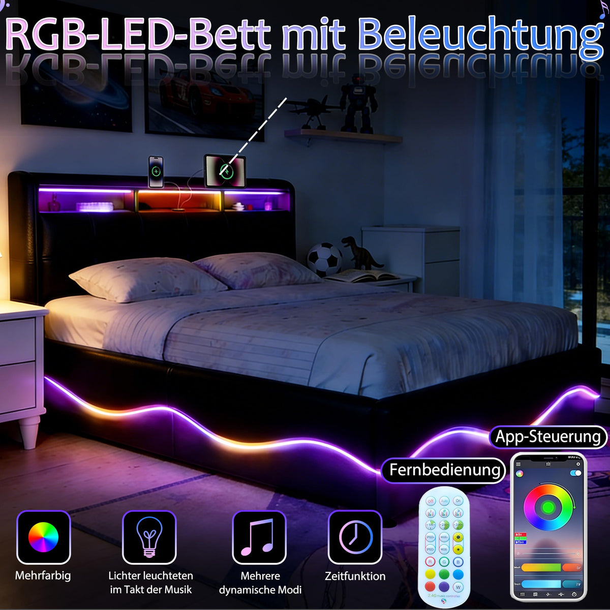 Estructura de Cama 140x200 cm con iluminación LED, Lino, Gris