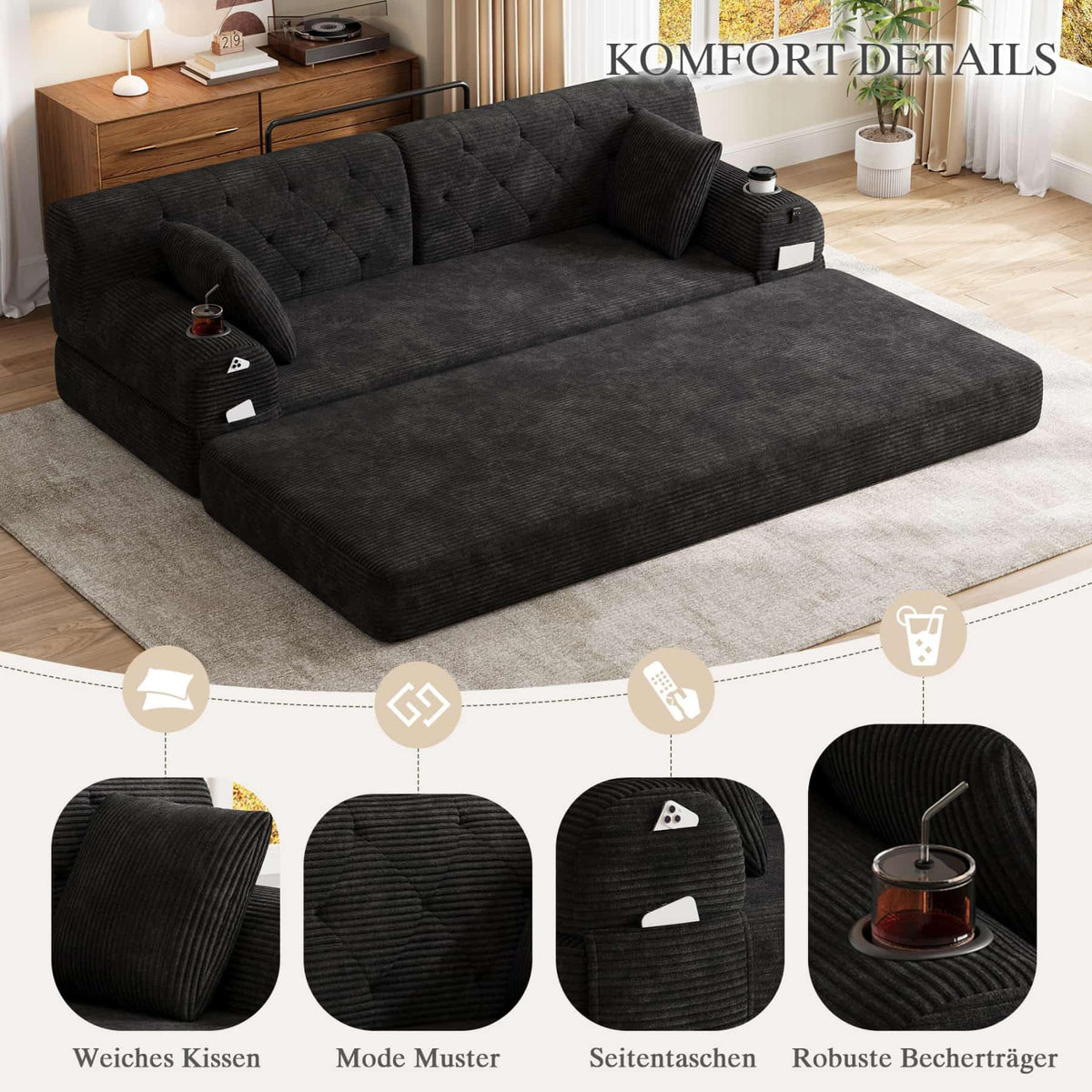 YEHTOKHOME - Sofá de Velor acanalado con respaldo alto y estructura metálica, sofá moderno de 2 plazas con 2 portavasos y 4 bolsillos laterales, para salón, dormitorio (Beige)