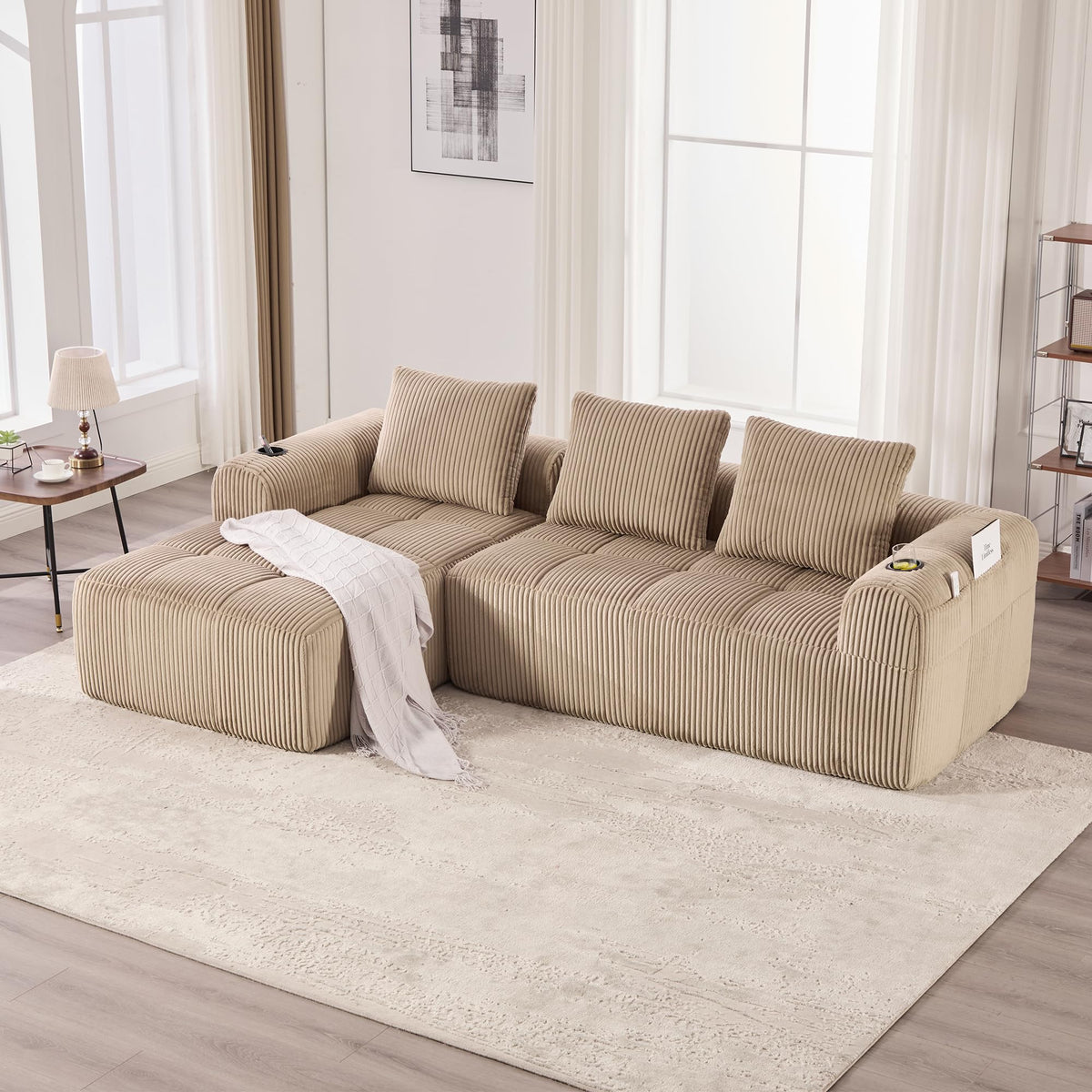 Dolamaní Sofá compacto de 3 plazas de pana con 3 cojines, sofá esquinero en forma de L con función de dormir, suave y modular, asiento extraprofundo, sin montaje, para salón (gris oscuro)