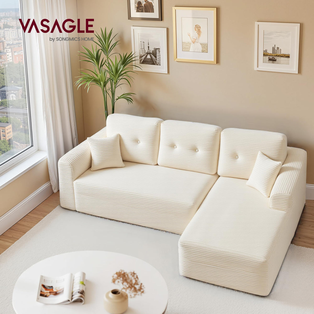 VASAGLE Sofá con Chaise Longue, Esquinero de Pana, Diseño Modular de 3 Plazas, 242 x 152 x 73 cm, Negro, para Salón, Colección Camila LCS183B101