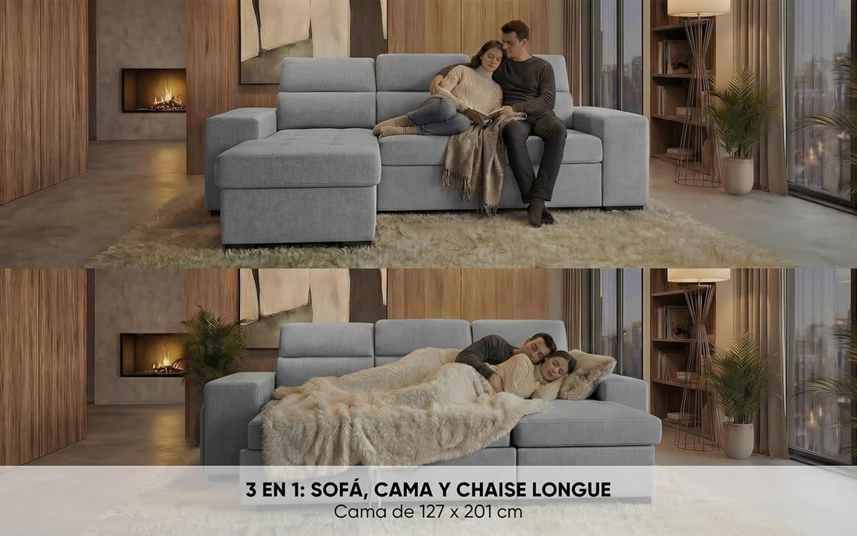 BUDWING John Sofá Cama Esquinero 4 Plazas - Chaise Longue Reversible, Reposacabezas Ajustable y 2 Pufs – Tapizado en Poliéster – Estilo Moderno – 263x161x96 cm – Gris Claro