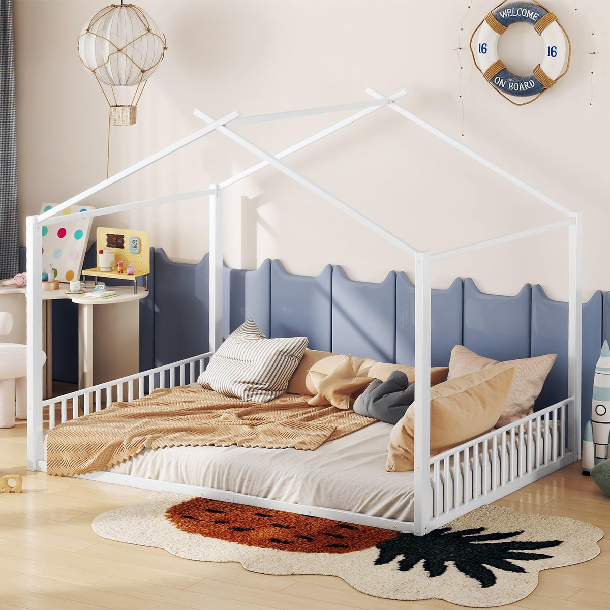 Cama infantil de 90 x 200 cm, dos camas de 90 cm con protección anticaídas, cama doble con modelado de casa, marco de hierro, color blanco, ideal para 2 niños
