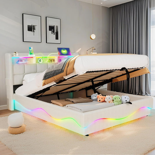 Estructura de Cama de Cuero 160x200cm con Carga USB Type-C, Blanco