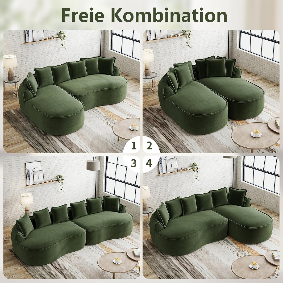 Sofá modular en forma de L sin marco, cómodo sofá de chenilla nube con asiento profundo, chaise longue moderno, extra grande, cojín ideal para salón, color verde