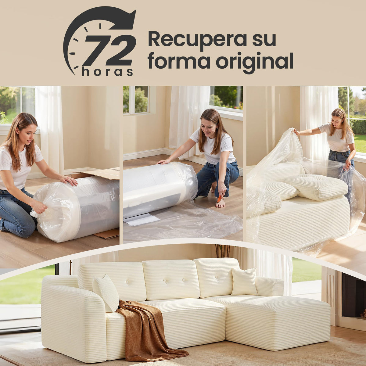 VASAGLE Sofá con Chaise Longue, Esquinero de Pana, Diseño Modular de 3 Plazas, 242 x 152 x 73 cm, Negro, para Salón, Colección Camila LCS183B101