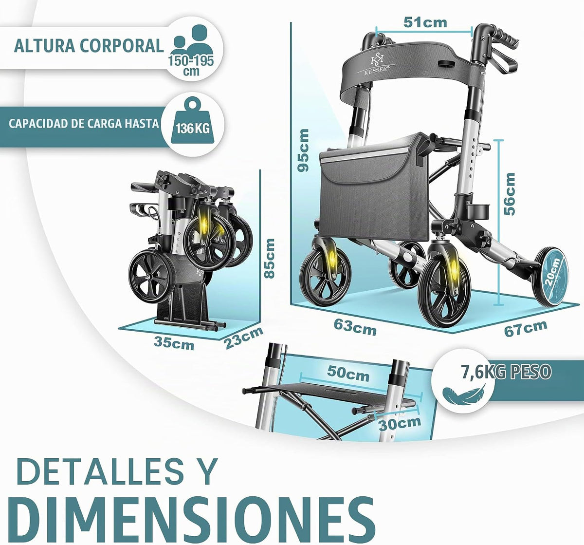 KESSER® Andador plegable con asiento y respaldo, 4 Ruedas/Frenos/Saco de Compra y Porta Bastón, Altura Ajustable 82-94cm, Andador, Carro, Rollator para Ancianos Gris
