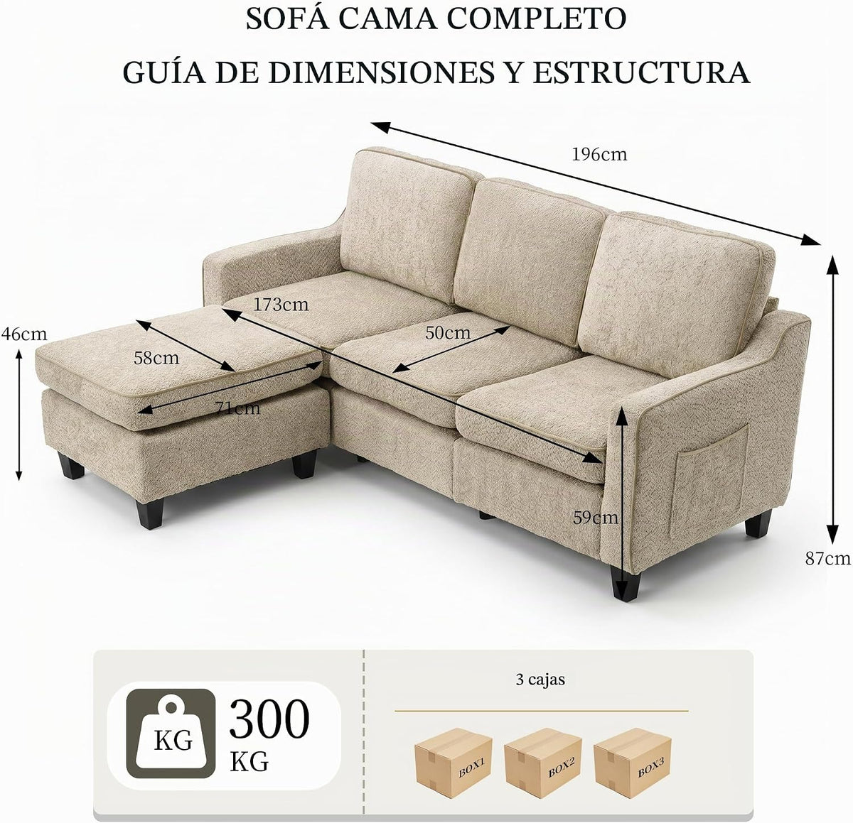 Sofá de 3 plazas con taburete, sofá flexible en forma de L como sofá esquinero, funda de tela suave con acolchado de espuma de alta densidad, sofá de salón para sala de estar, dormitorio, oficina y