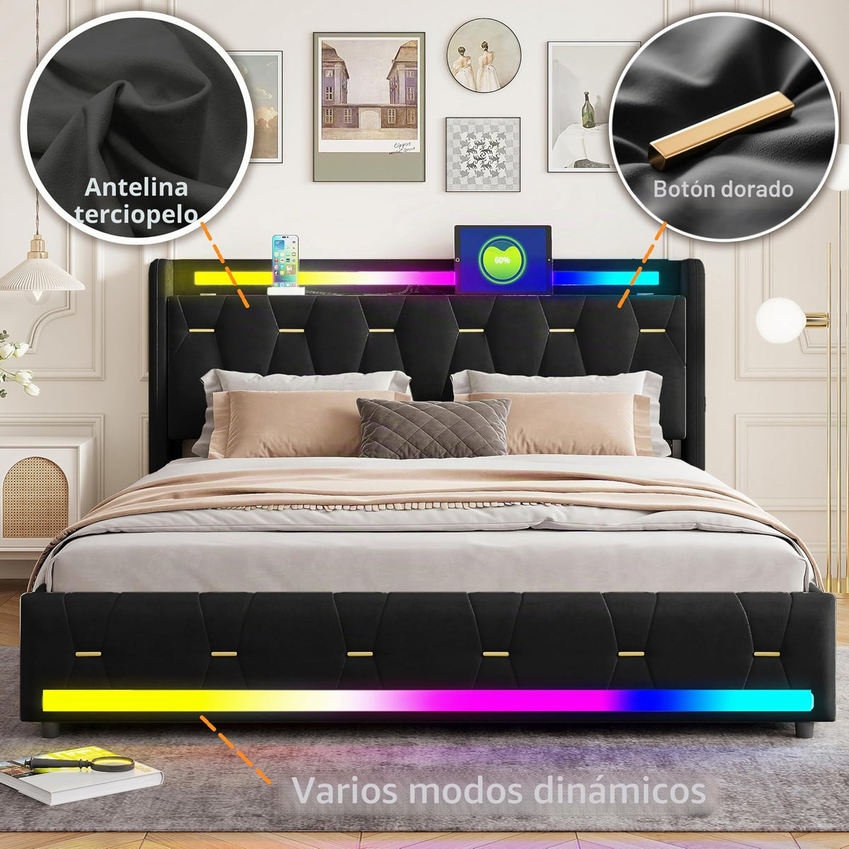 Estructura de Cama de Cuero 160x200cm con Carga USB Type-C, Blanco