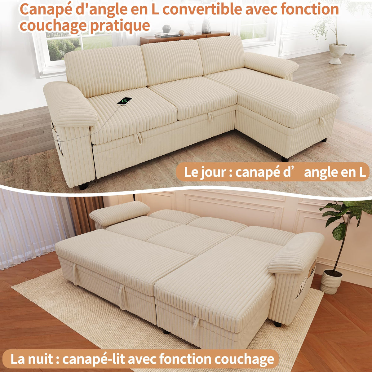 Sofá modular de 3 plazas con función cama extensible y USB/Type-C, sofá esquinero en forma de L con reposacabezas semifijos y compartimento de almacenamiento, sofás con chaise longue