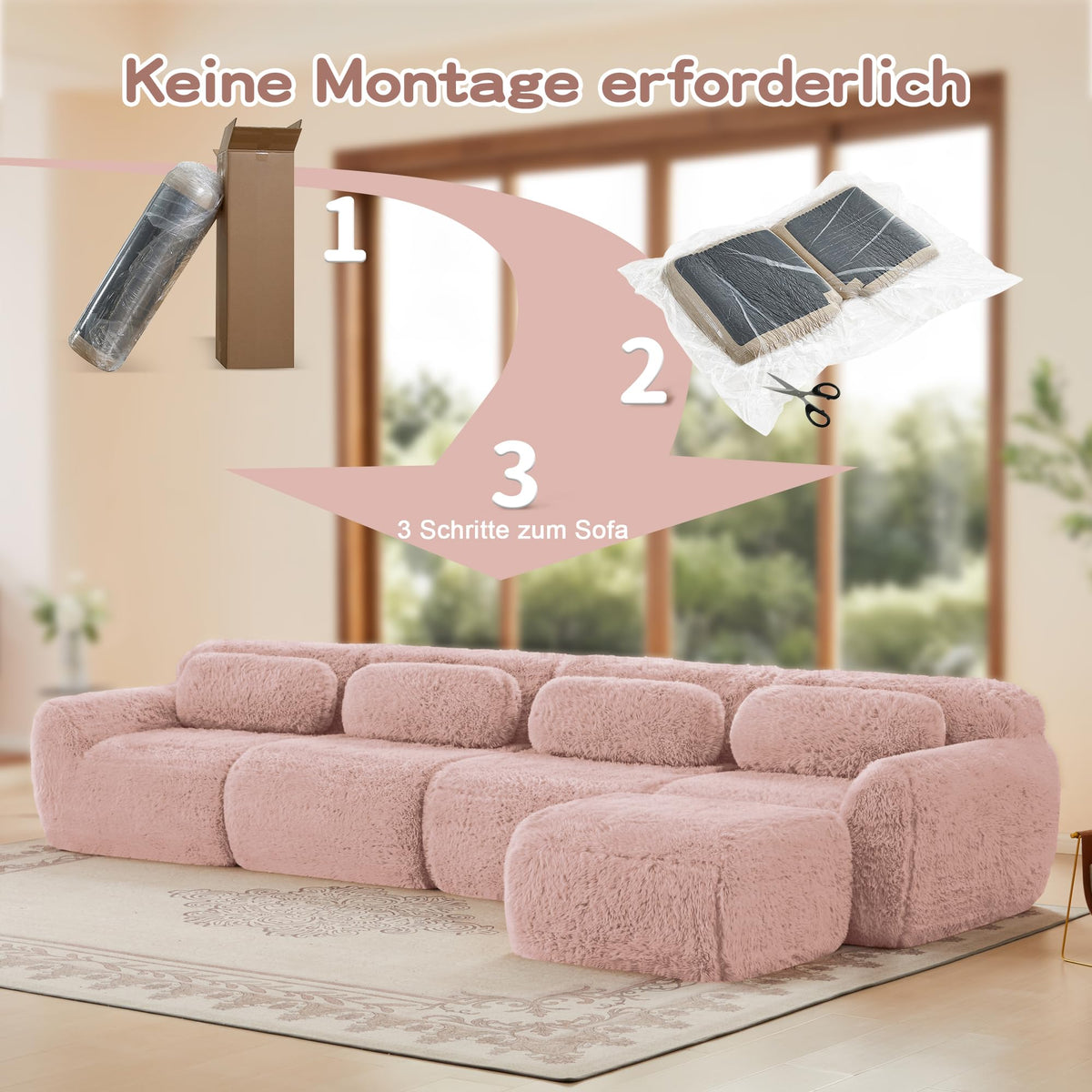 Sofá modular combinable en forma de L de 4 plazas, tejido de felpa con cojines, espuma de alta elasticidad, diseño chaise longue para salón o dormitorio (negro)