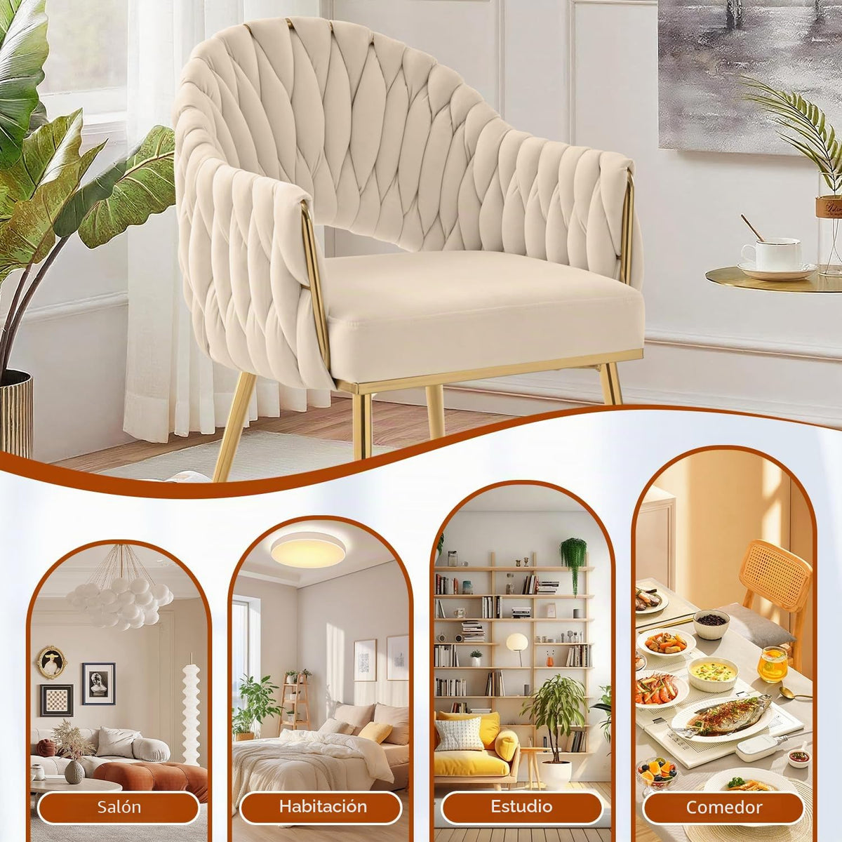 Juego de 4 sillas de comedor de terciopelo, sillones de salón, sillas de comedor con reposabrazos, sillas de cocina con respaldo alto trenzado a mano, silla de tocador con patas doradas