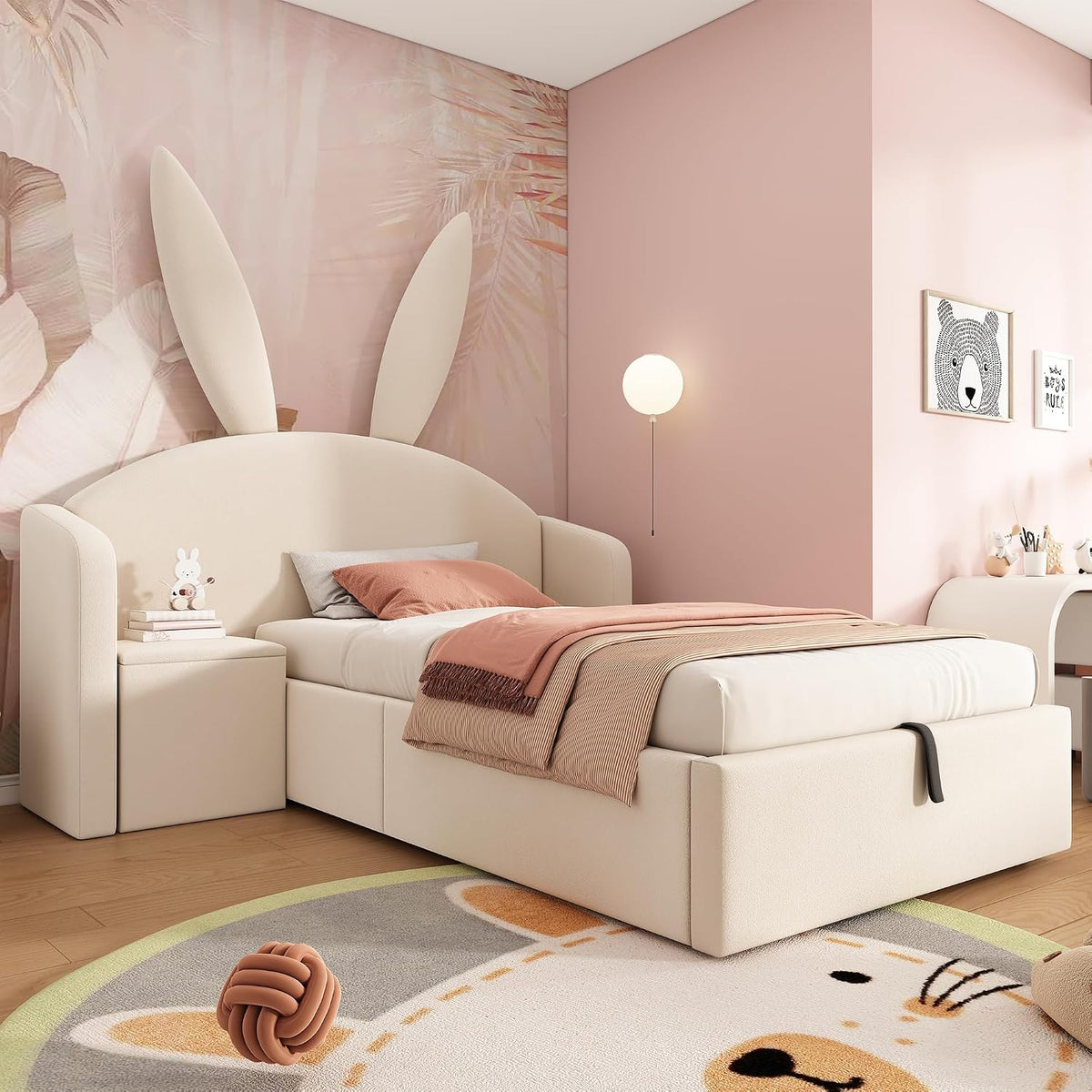 Kebnor Cama tapizada de terciopelo, orejas de conejo, cabecero con espacio de almacenamiento y mesita de noche, cama juvenil de diseño (sin colchón) (beis, 90 x 190 cm)