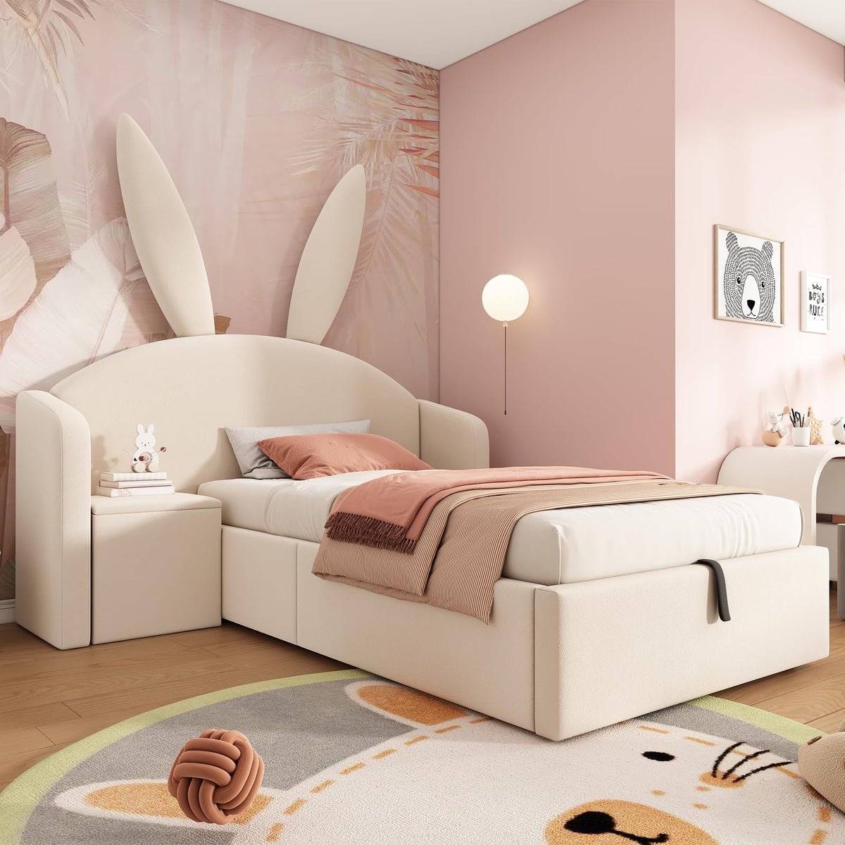 Kebnor Cama tapizada de terciopelo, orejas de conejo, cabecero con espacio de almacenamiento y mesita de noche, cama juvenil de diseño (sin colchón) (beis, 90 x 190 cm)