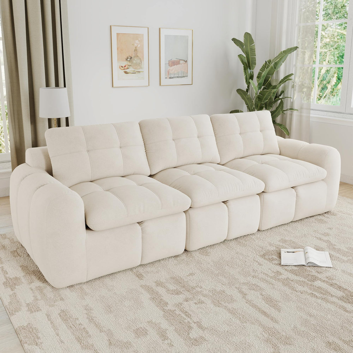 Sofá de 3 plazas con 1 taburete chenilla beige