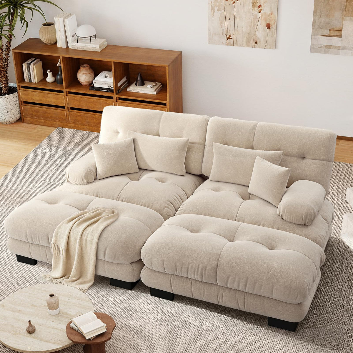 SoarFlash Sofá U Modular de 4 plazas para salón Moderno, sofá Nube de Tela Chenille con reposabrazos, Color Amarillo, 145×406 cm