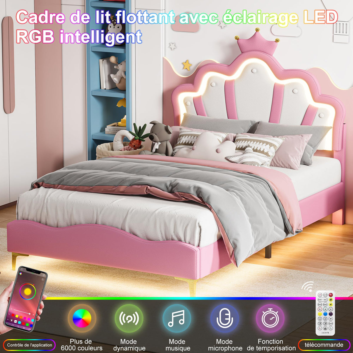 Cama Infantil tapizada 140 x 200 cm con LED, Cama tapizada para niños 140 x 200 con cabecera Ajustable Marco de Camas, Camas de Princesa para Niña en Forma de Corona con Somier(Rosa, 140 x 200)
