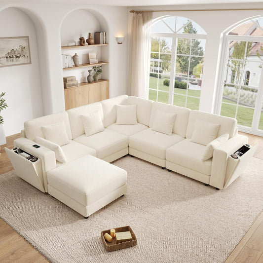 Sofá modular de 6 plazas, sofá esquinero en forma de L/U, puertos USB/tipo C, portavasos y espacio de almacenamiento, tela de chenilla, 7 cojines, salón, dormitorio y oficina, color beige