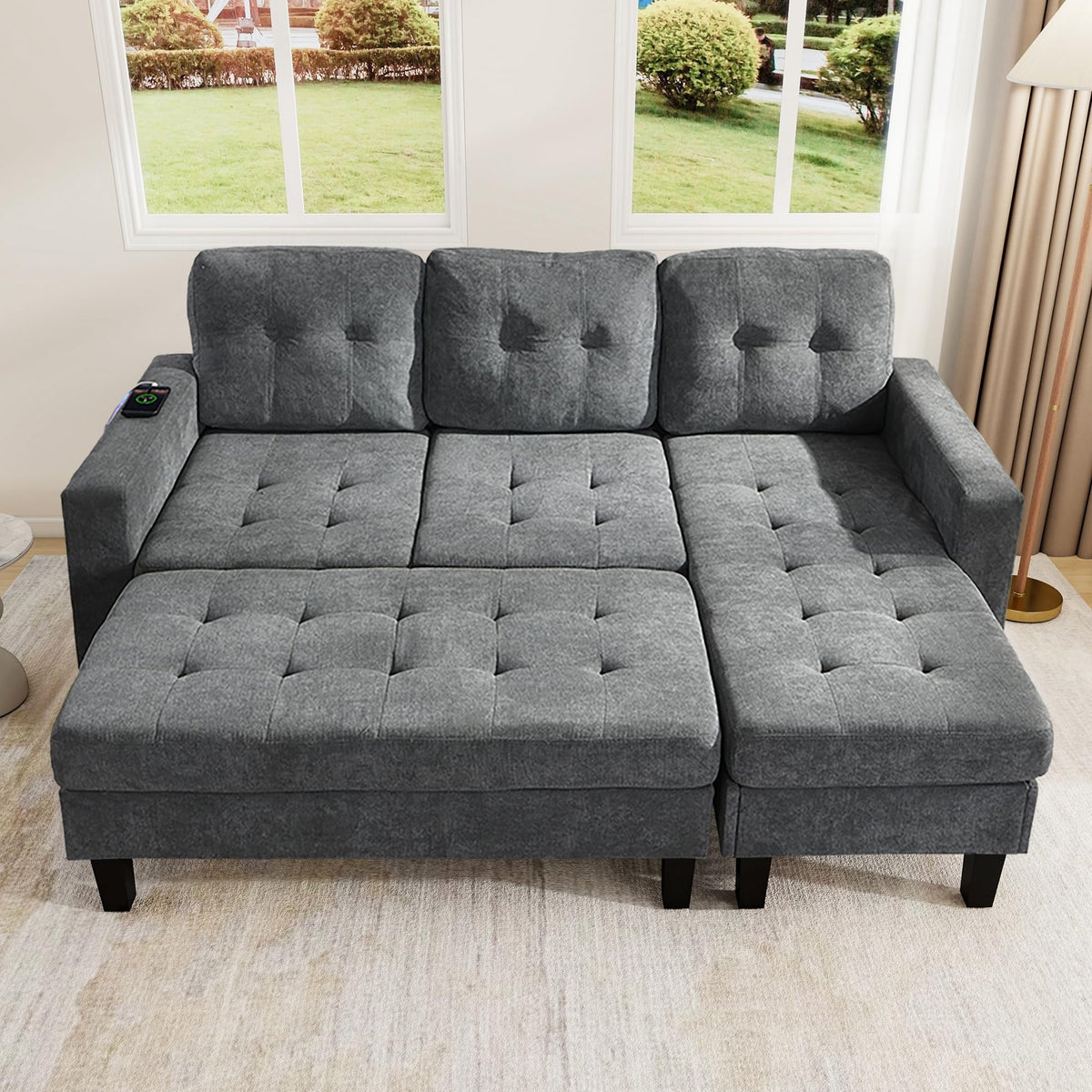Lubvtti Sofá cama de 3 plazas moderno con función de cama, con espacio de almacenamiento, cargador USB, reposabrazos portaobjetos y 2 cojines, sofá de esquina en L, sofá de 3 plazas, chenilla (C-gris)