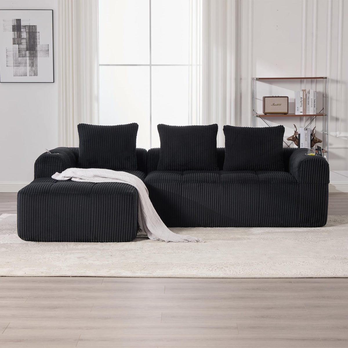Dolamaní Sofá compacto de 3 plazas de pana con 3 cojines, sofá esquinero en forma de L con función de dormir, suave y modular, asiento extraprofundo, sin montaje, para salón (gris oscuro)