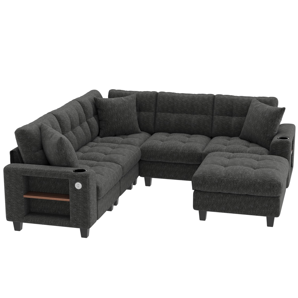 Sapgaks Sofá modular moderno de 6 plazas, con USB y portavasos, sofá de esquina modular muy grande en forma de U/L, con reposapiés extraíble y apoyabrazos con estantería, tela de chenilla, beige