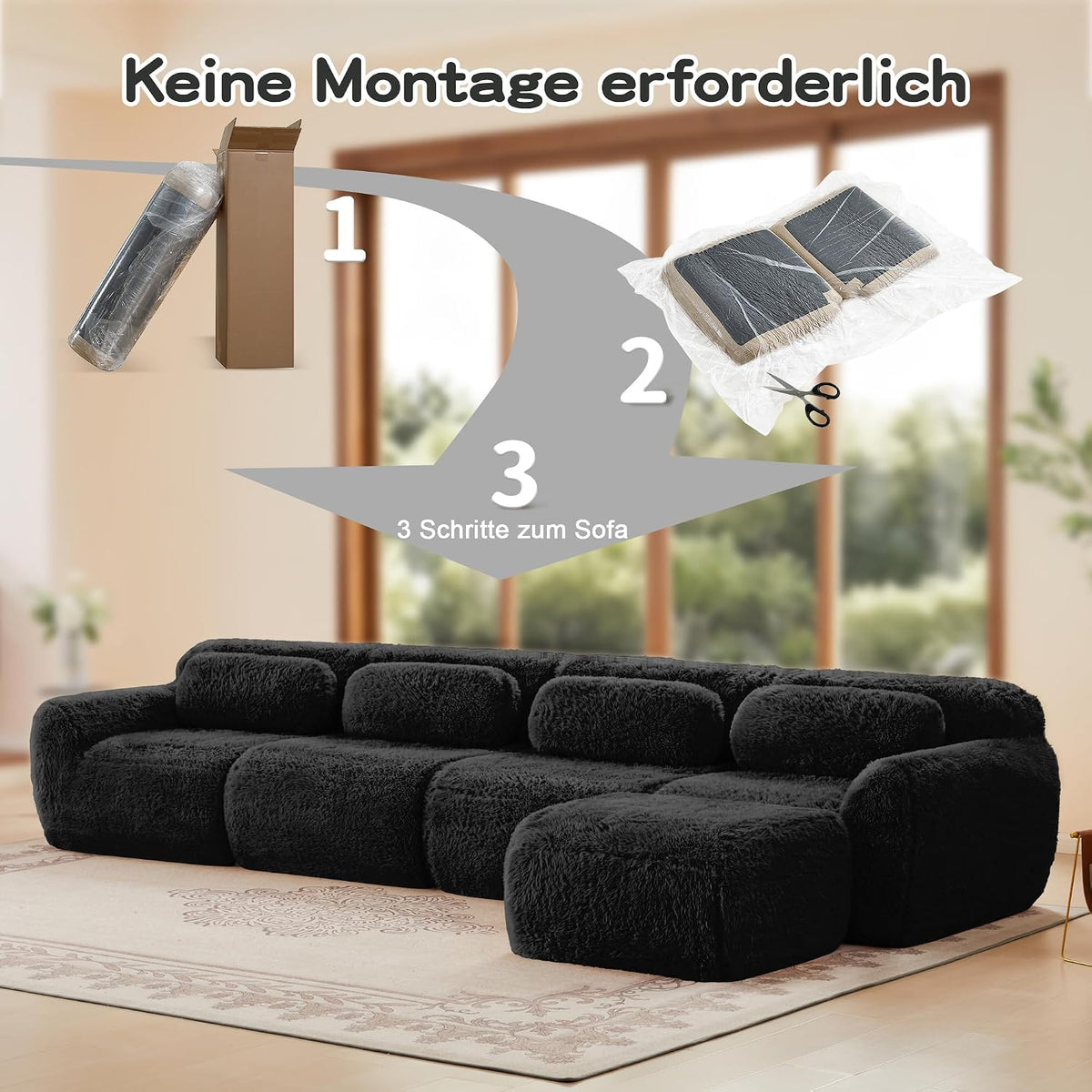 Sofá modular combinable en forma de L de 4 plazas, tejido de felpa con cojines, espuma de alta elasticidad, diseño chaise longue para salón o dormitorio (negro)