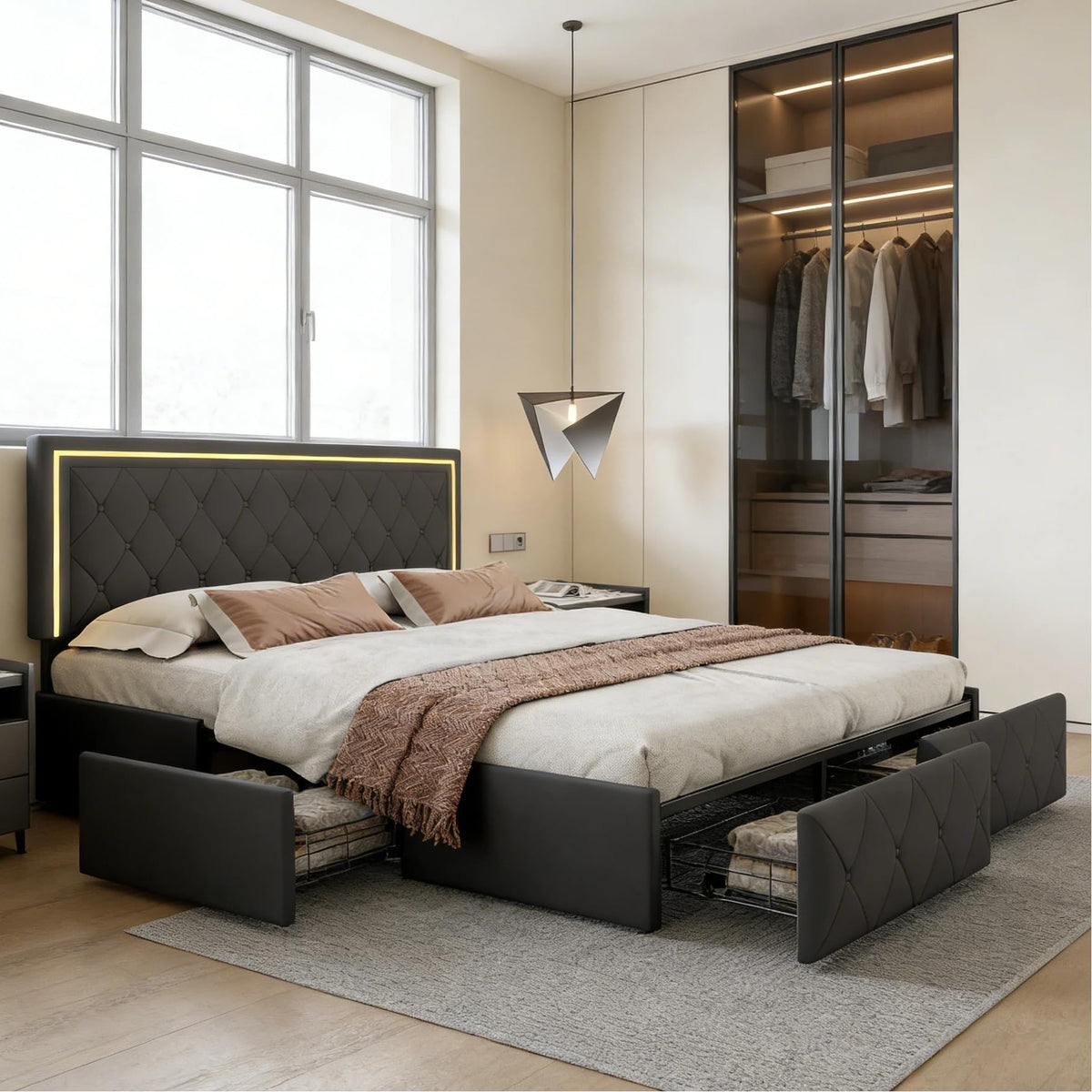 BRILVERDE Cama Tapizada 160x200 con Almacenamiento, Cama matrimonial con cajones, Cama Nido con LED, Cabecero Acolchado y Base de Láminas, Terciopelo (Beige, 160 x 200 cm)