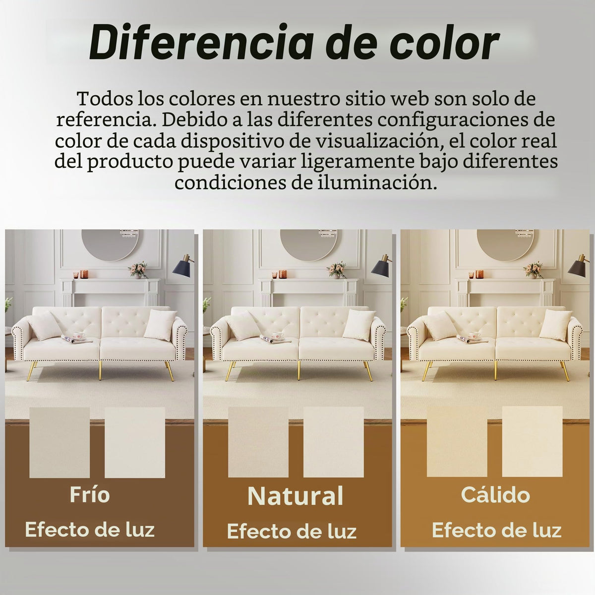 Sofá cama con esquinas ajustables, patas doradas, almohadas y bolsillos laterales para almacenamiento (Bavia)