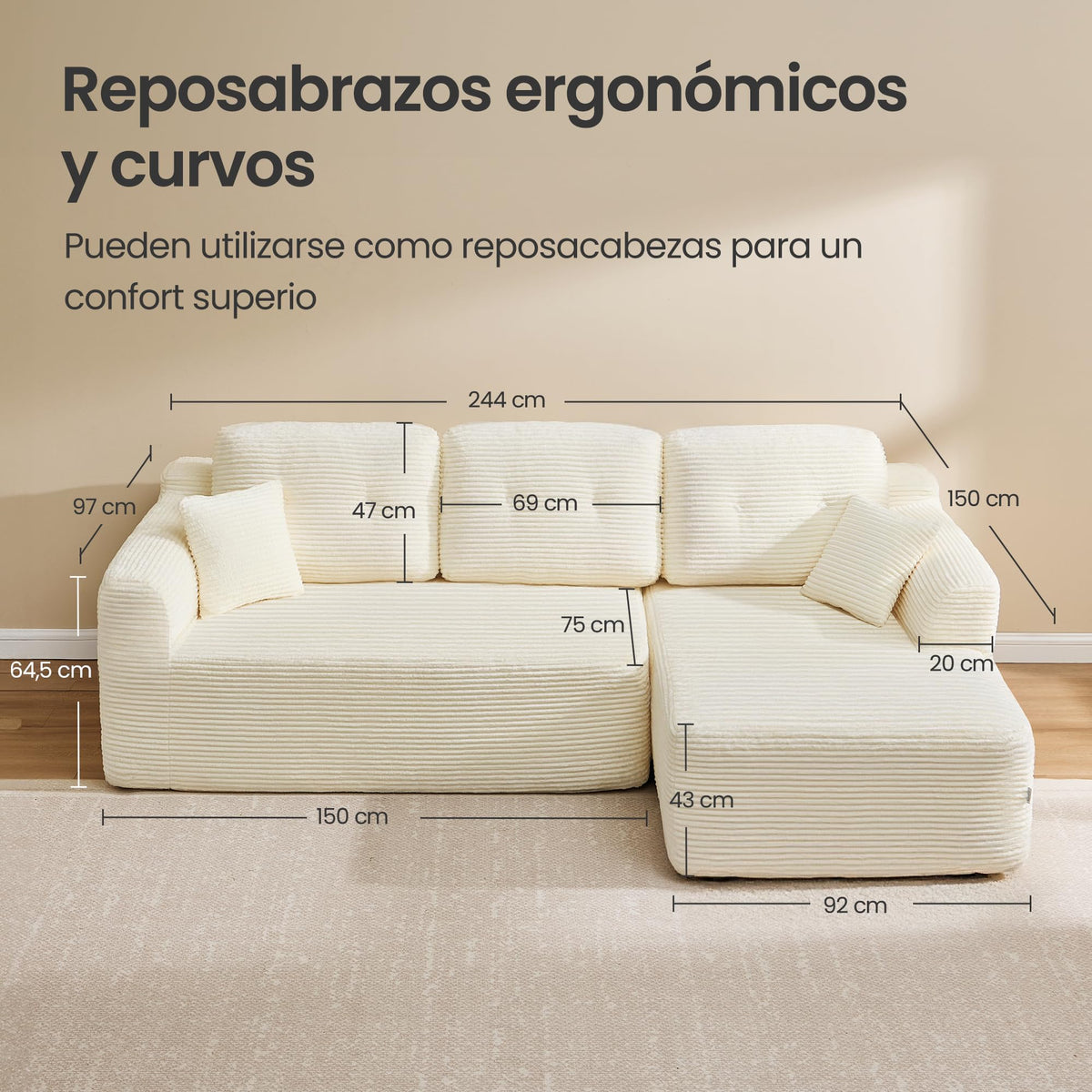 VASAGLE Sofá con Chaise Longue, Esquinero de Pana, Diseño Modular de 3 Plazas, 242 x 152 x 73 cm, Negro, para Salón, Colección Camila LCS183B101