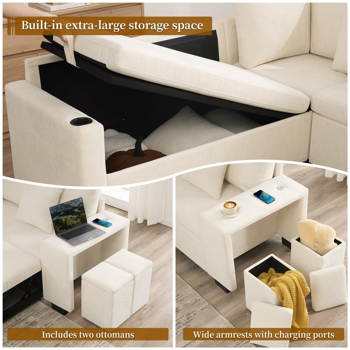 Sofá esquinero extensible en forma de L con puerto USB y portavasos, sofá cama de 4 plazas con función cama, sofá convertible con espacio de almacenamiento y reposabrazos, cojines, chenilla