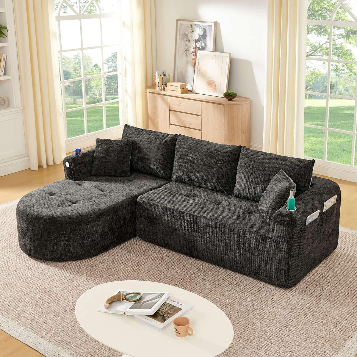 KOMHTOM Sofá Chaise Longue en L con Cojines (Negro)