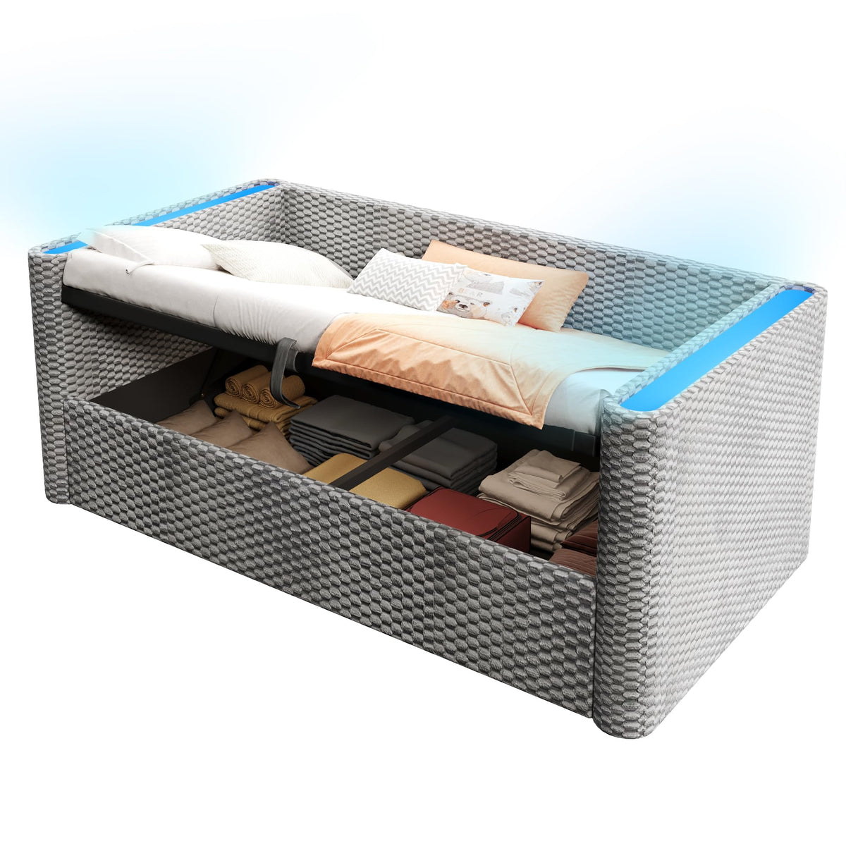 Moimhear Cama de día, diván cama, sofá cama, diseño de cama extensible multifuncional con tira de luz LED, somier de listones (sin colchón), terciopelo (beis, 90 x 200 cm+180 x 200 cm)