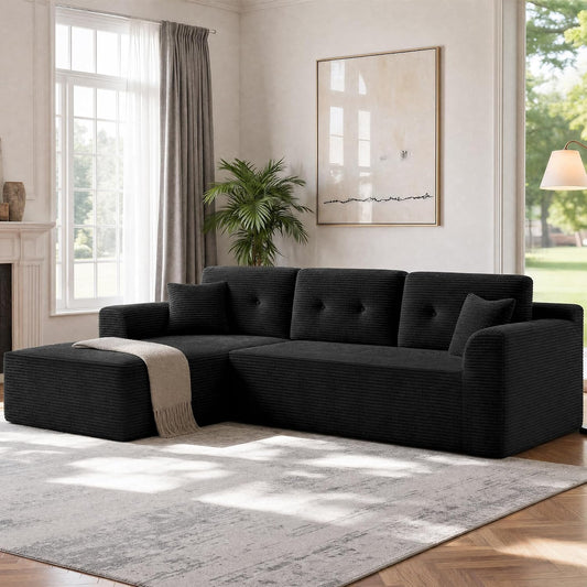 VASAGLE Sofá con Chaise Longue, Esquinero de Pana, Diseño Modular de 3 Plazas, 242 x 152 x 73 cm, Negro, para Salón, Colección Camila LCS183B101