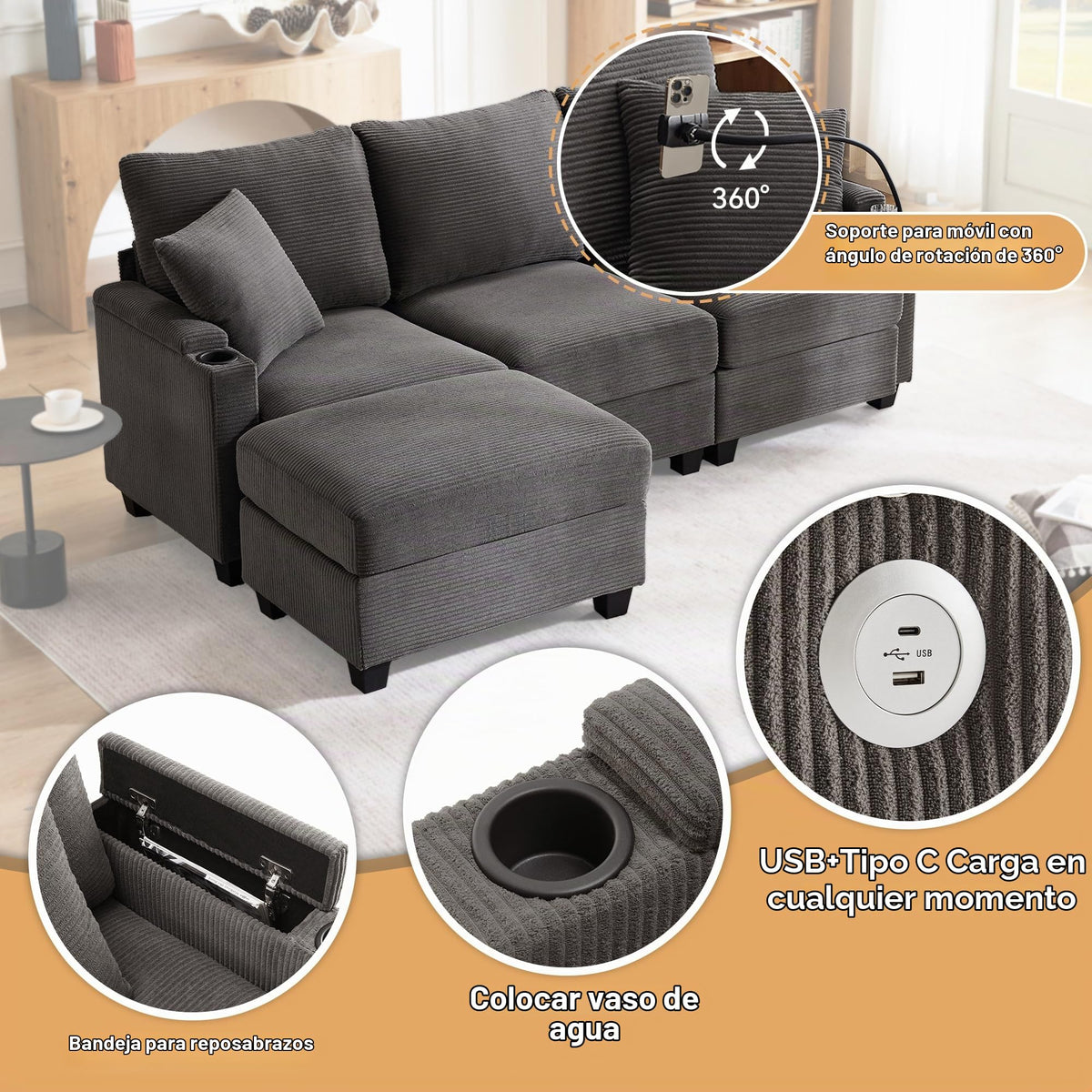 Sofá modular de 6 plazas, sofá esquinero en forma de L/U, puertos USB/tipo C, portavasos y espacio de almacenamiento, tela de chenilla, 7 cojines, salón, dormitorio y oficina, color beige