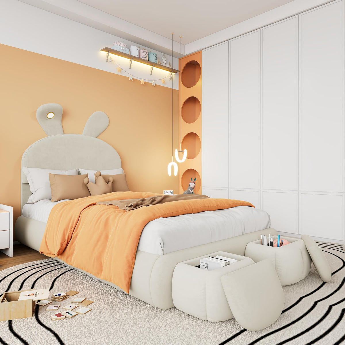 Soweiz Cama tapizada, cama individual, con orejas de conejo y tiras de luz de color cálido con brillo ajustable, con dos cajones de almacenamiento, cama infantil con somier de madera, terciopelo