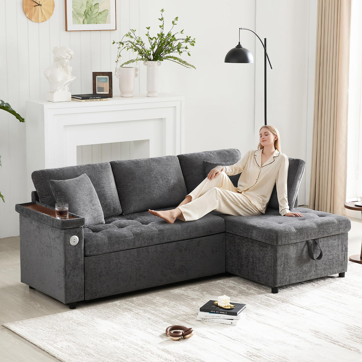 Sofá esquinero extensible en forma de L con puerto USB y portavasos, sofá cama de 4 plazas con función cama, sofá convertible con espacio de almacenamiento y reposabrazos, cojines, chenilla